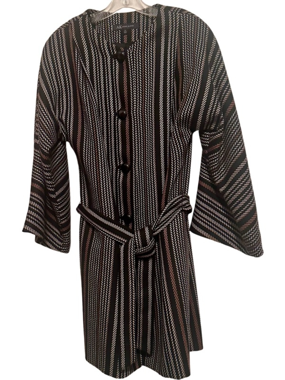 Vintage Anne Klein Wool Blend Black Stripe Herringbone Button Front Lined Jacket